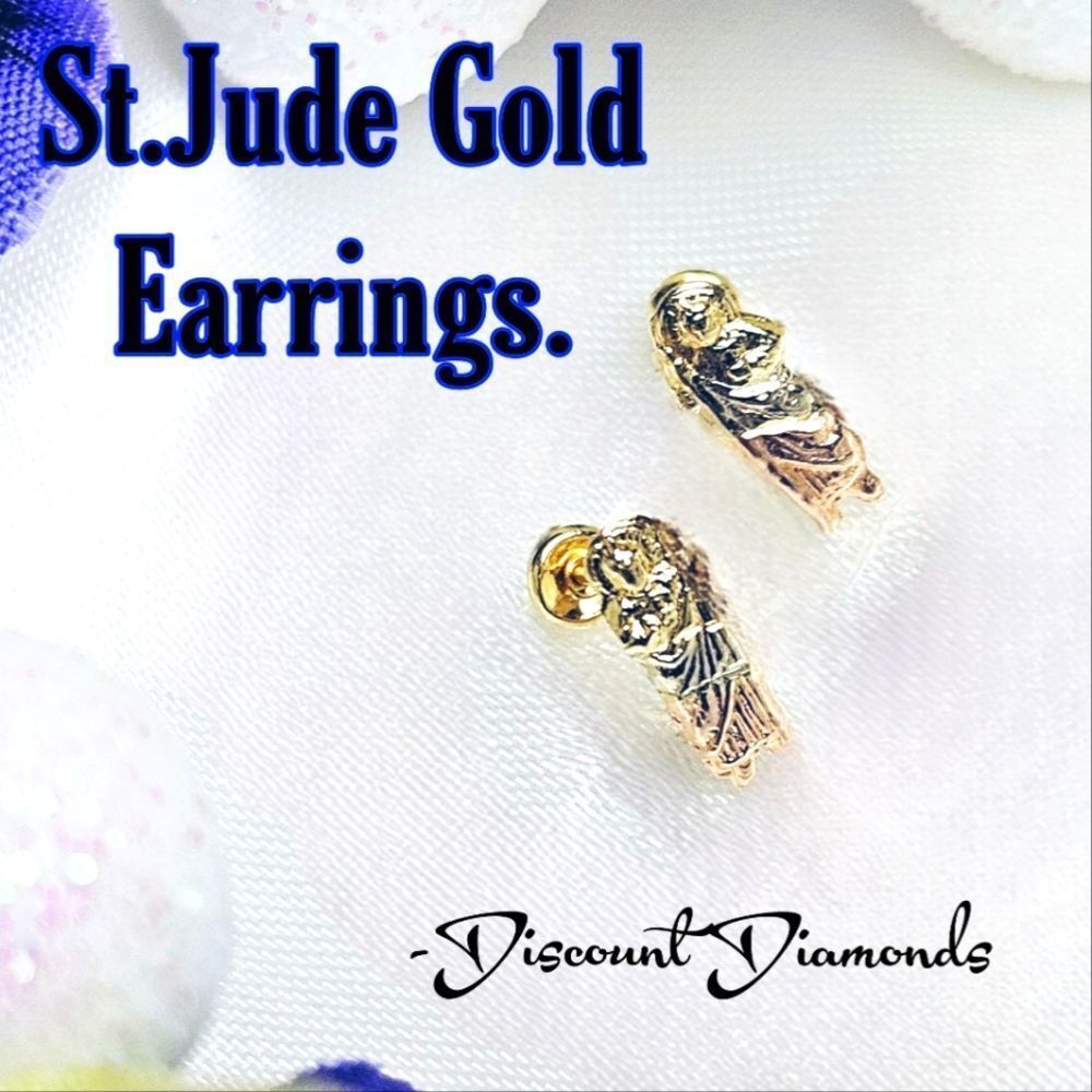 Saint Jude 10.8 mm x 4.5 mm 14K Real Solid Gold Stud Screwback Earrings